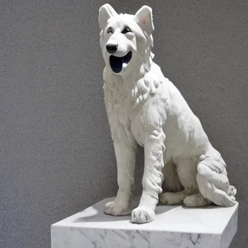 Image similar to statue of a short hair german shepherd dog, white marble, in a museum, by Gian Lorenzo Bernini