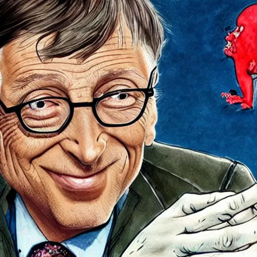 Image similar to bill gates holding a vaccine in his hand, body horror, by ralph steadman