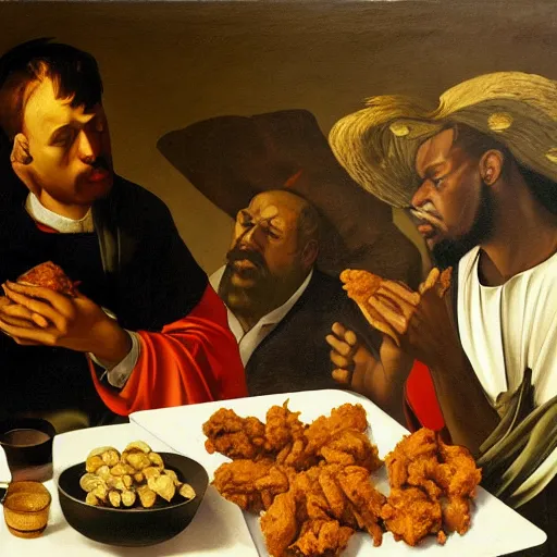 Image similar to black jesus eating fried chicken during the great war, oil painting, sacred art, illustration, caravaggio