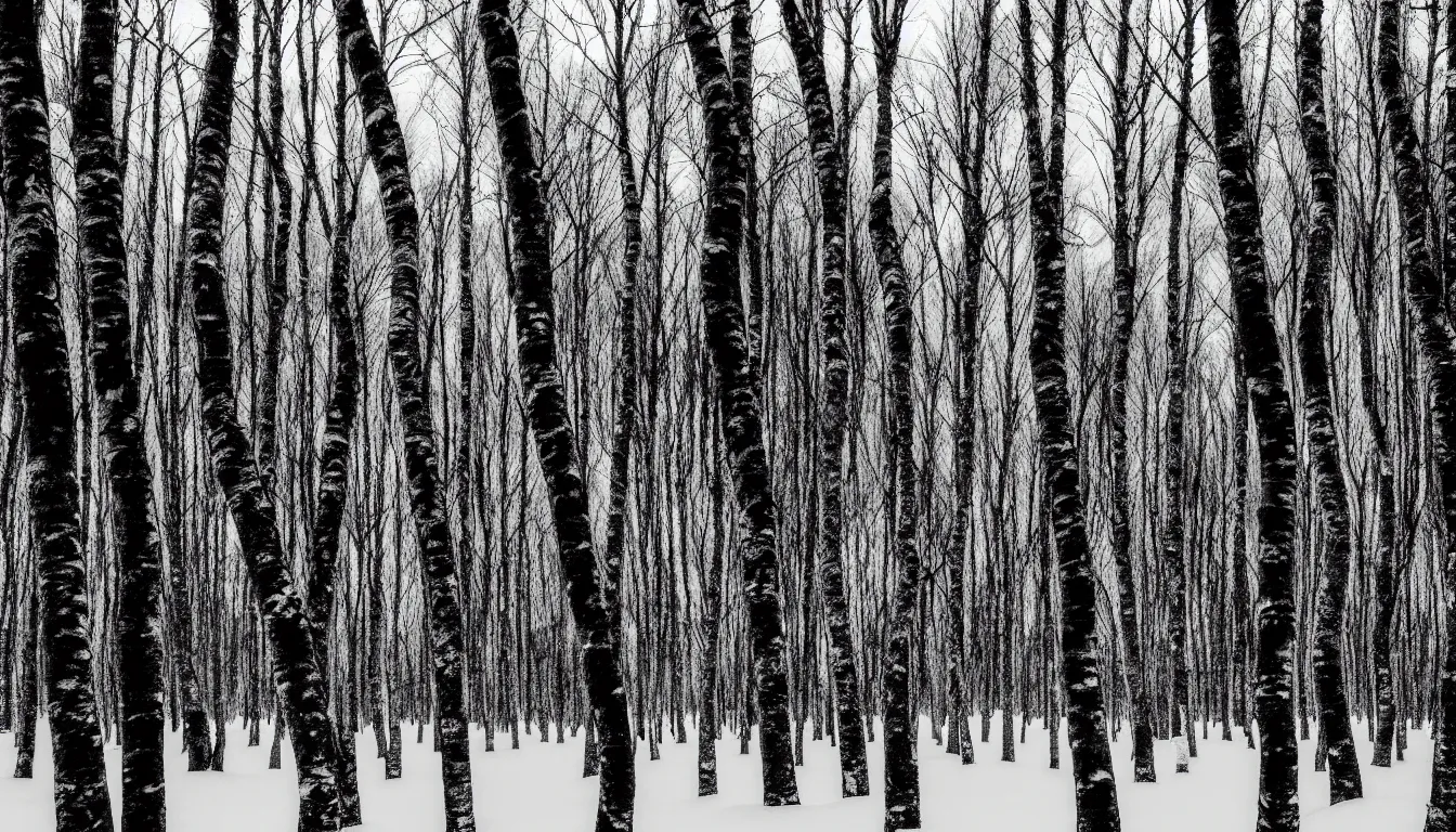 Image similar to birch forest, evening, blizzard, winter, dark, atmospheric, scary, claustrophobic, ambient vibe, very detailed, black and white, 4 k