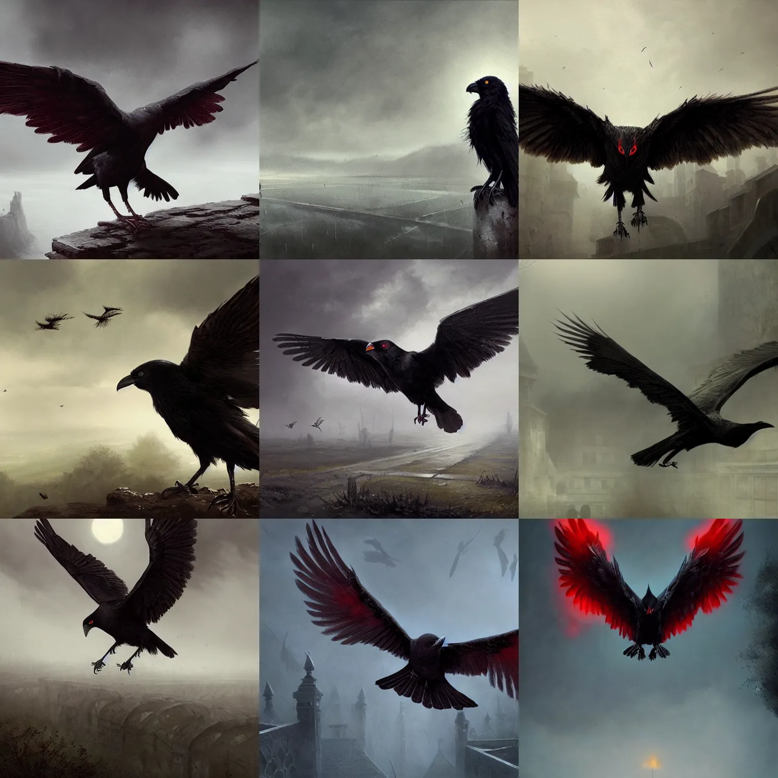Prompt: red - eyed crow with wings spread wide. atmospheric lighting. foggy background. highly detailed matte painting by greg rutkowski.