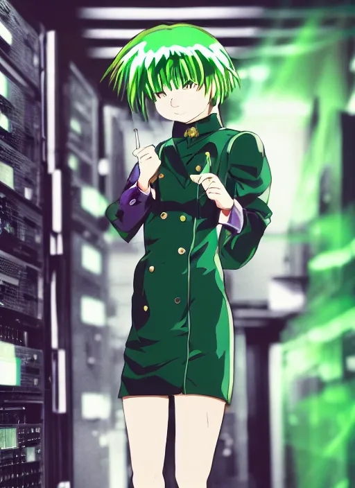 Prompt: shiki eiki, bobbed and bowl cut hair, green hair color, standing in a server room, wearing business casual dress, 4 k, vaporwave, cinecolor, bladerunner style