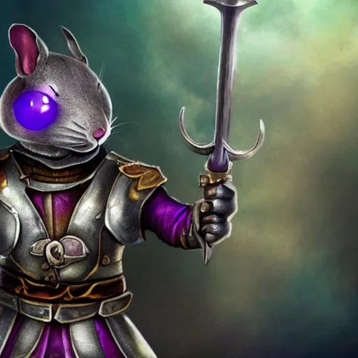 Image similar to armored mouse warrior holding a sword in one hand and reaching for a floating purple crystal with the other