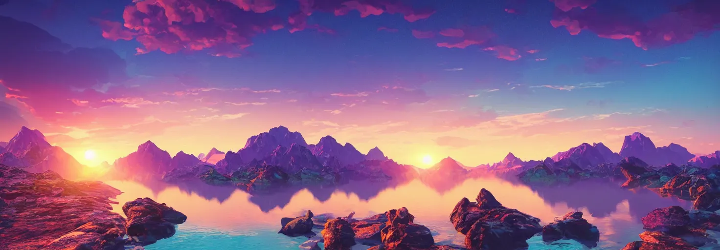 Image similar to super detailed color art, a sinthwave northern sunset with rocks on front, lake in the middle of perspective and mountains at background, unreal engine, retrowave color palette, 3d render, lowpoly, colorful, digital art