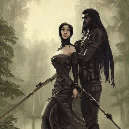 Image similar to a tall goth girl and a strong buff handsome man, family photo, cute, intricate, highly detailed, digital painting, artstation, concept art, smooth, sharp focus, illustration, unreal engine 5, 8 k, art by artgerm and greg rutkowski and alphonse mucha