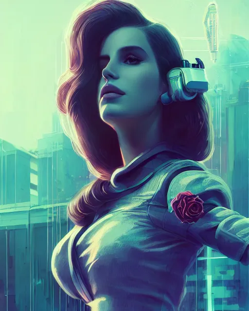 Image similar to portrait of lana del rey as a cyberpunk cyborg. roses, sci - fi, missing panels, intricate abstract upper body intricate artwork, by tooth wu, wlop, beeple, dan mumford. concept art, octane render, deviantart, greg rutkowski, cinematic, key art, hyperrealism, iridescent accents