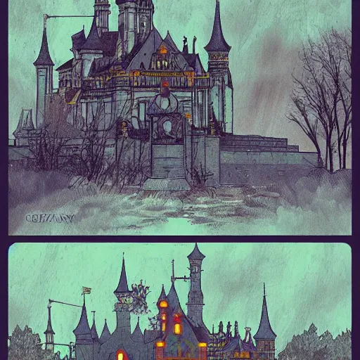 Image similar to a girl in chernobyl!!! disneyland castle!! silent hill!! wide angle, trending on artstation, art by greg rutkowsky and alphonse mucha