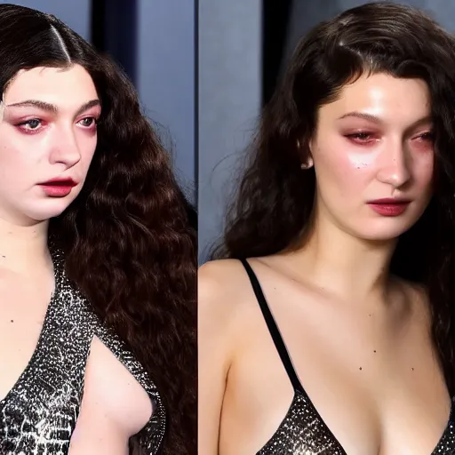 Prompt: lorde and bella hadid hybrid, wearing bodysuit