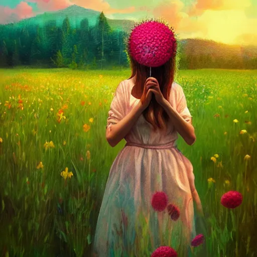 Image similar to girl with a scaled up flower as a face, surreal photography, dream, standing in flower field, hills, big trees, sunrise dramatic light, impressionist painting, colorful clouds, digital painting, pointillism, artstation, simon stalenhag, flower face