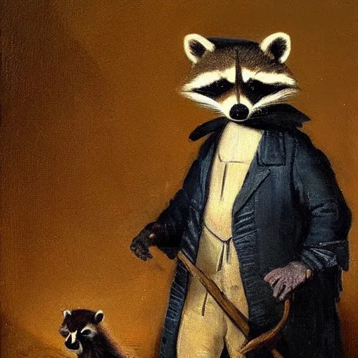 Prompt: A raccoon wearing formal clothes, wearing a tophap and holding a cane. The raccoon is holding a garbage bag. Oil painting in the style of Rembrandt