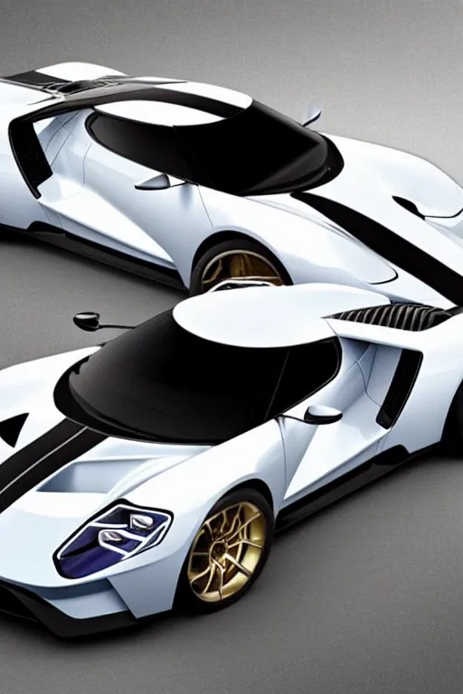 Image similar to ford gt 9 0 concept car painted in white pearl with gold rims