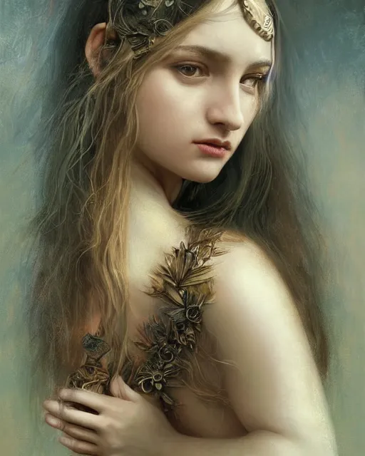 Image similar to young poppy goddess, portrait, beautiful face, long hair, emotionally evoking symbolic metaphor, head in focus, fantasy, ornamental, intricate, elegant, sensual, highly detailed digital painting, artstation, concept art, smooth, golden ratio, sharp focus, illustration, art by John Collier and Krenz Cushart and Artem Demura and and Greg Rutkowski and Alphonse Mucha and Albert Aublet