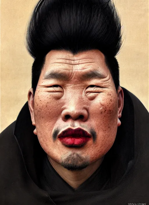 Prompt: portrait of a mongolian man with a crooked nose and a confident expression, 1 9 6 0 s, black clothes, goth, punk, brightly coloured hair, funk, intricate, elegant, highly detailed, digital painting, artstation, concept art, smooth, sharp focus, illustration, art by wlop, mars ravelo and greg rutkowski