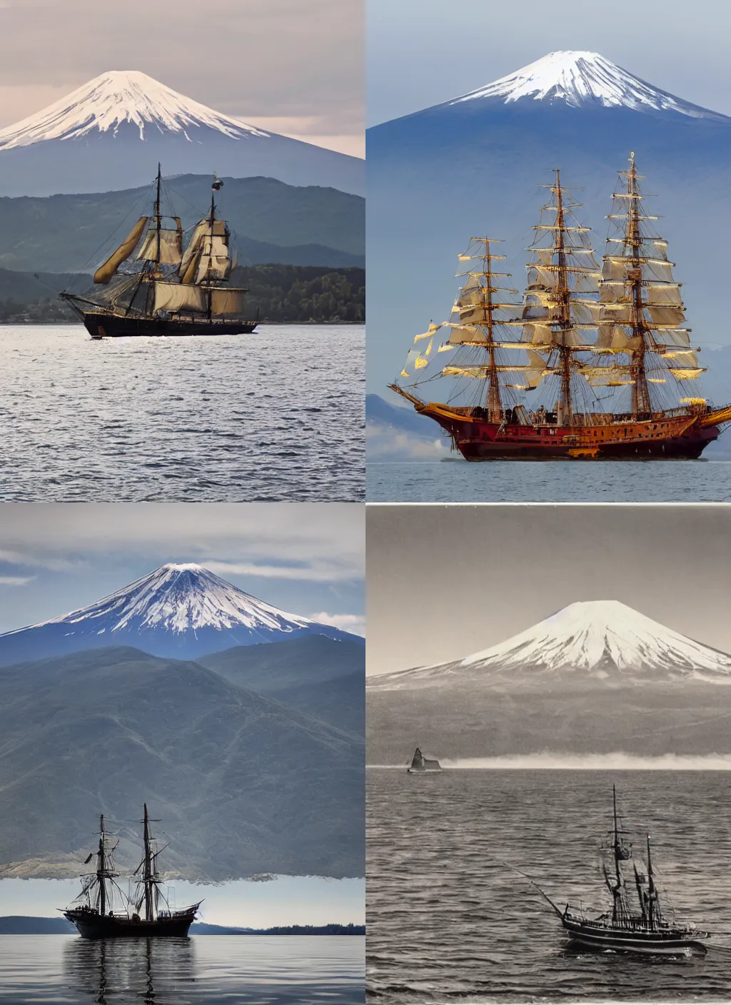 Prompt: a photograph of a galleon ship sailing in a lake. mount fuji in the background. realistic. hq. photoreal. zeiss lens. detailed.