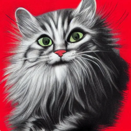 Image similar to long - haired siberian cat playing with a red yarn ball, illustration, charcoal, simon bisley