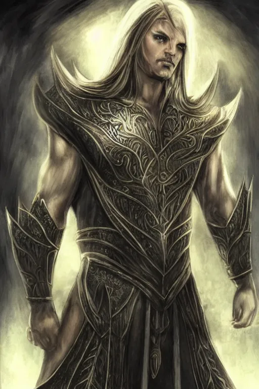 Prompt: nightwish, serene, Male muscled Elven King, short black hair