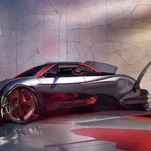 Image similar to sci-fi sport car f1 hatchback transport design organic smooth elastic forms 20% of canvas on the front; background wall structure on the coronation of napoleon painting 20% of canvas; by Jacques-Louis David, pinterest keyshot product render, cloudy plastic ceramic material shiny gloss water reflections, ultra high detail ultra realism, 4k