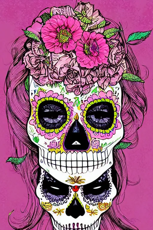 Prompt: Illustration of a sugar skull day of the dead girl, art by chad knight