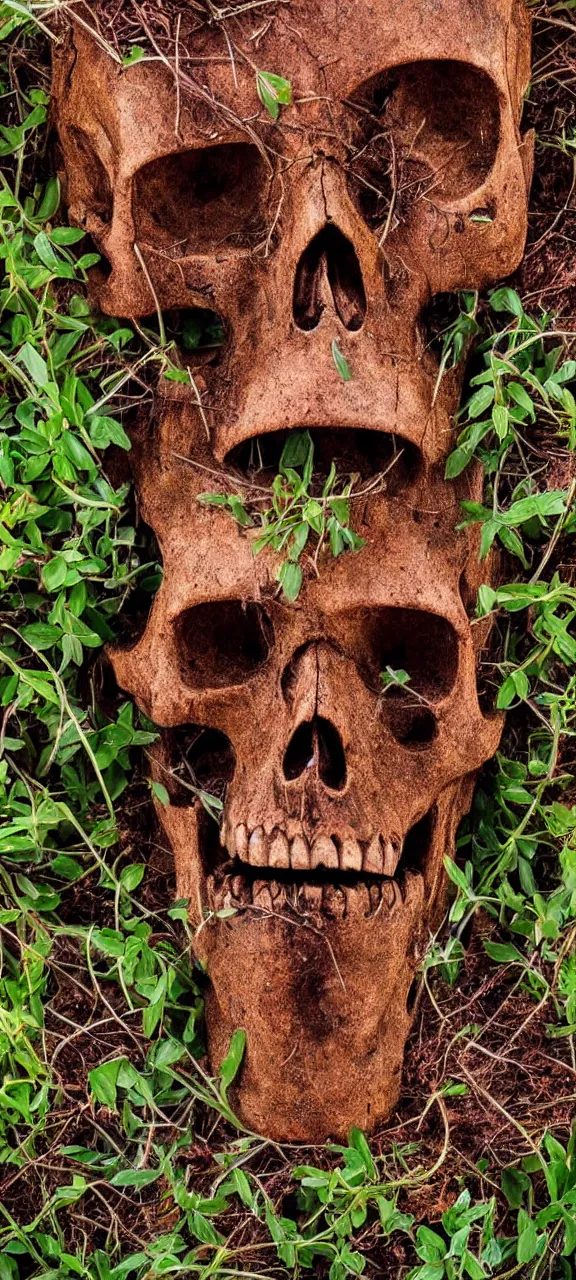 Image similar to award winning photo of robot skull rusty and filled with plants, stunning, 4 k, detailed, top - down, realistic