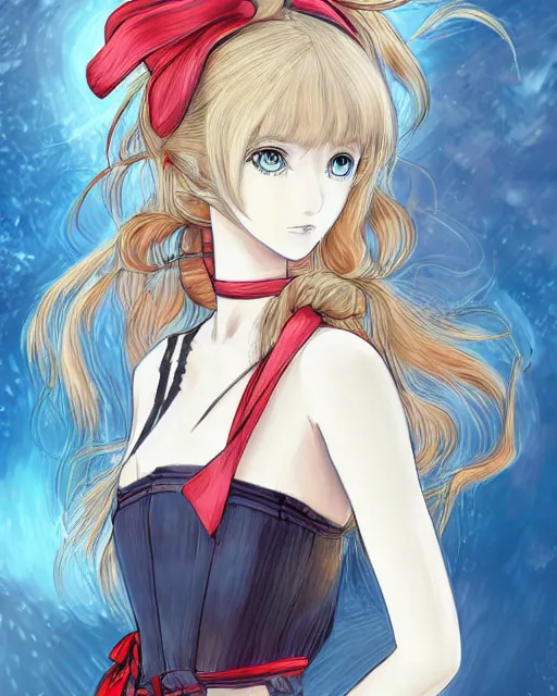 Prompt: illustration of a blonde twintails hair with ribbons anime girl with red eyes in the style of studio ghibli, ayami kojima, akihiko yoshida and 90's anime