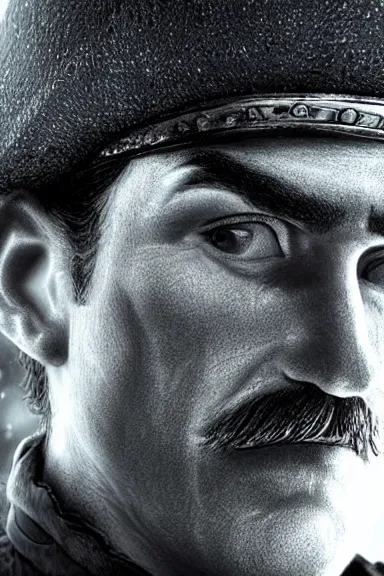 Image similar to very very intricate photorealistic photo of a realistic human version of luigi wearing his hat in an episode of game of thrones, photo is in focus with detailed atmospheric lighting, award - winning details
