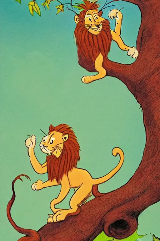 Image similar to a lion climbing a tree by dr. seuss