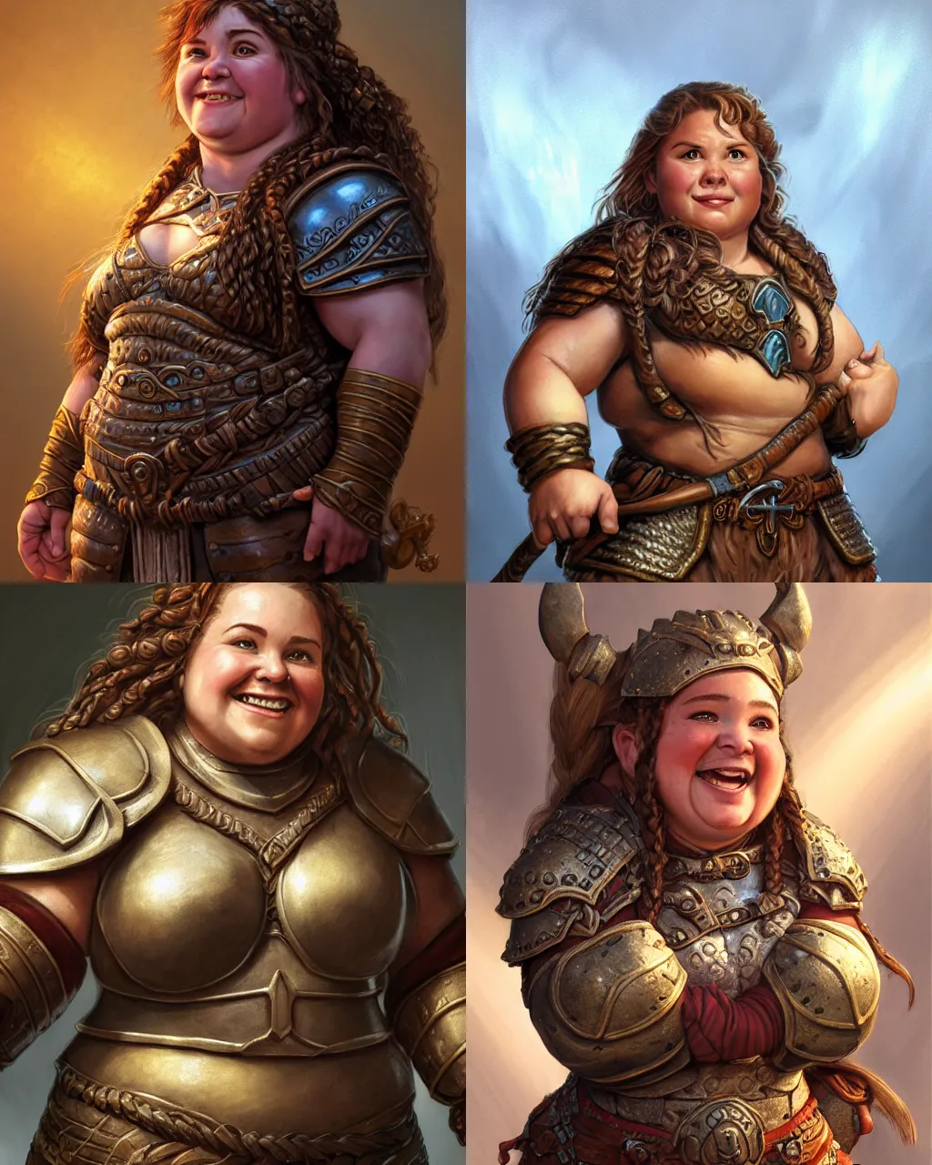 Prompt: portrait, chubby hearty benevolent female dwarf paladin, bronze dwarven breastplate, complex braided hair, proud short robust woman, cheerful expression, big nose style by jeff easley, brian froud, jeff easley dramatic light, high detail, cinematic lighting, artstation, dungeons and dragons, temple