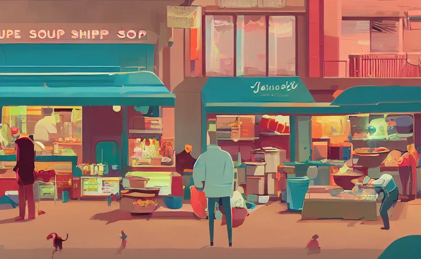 Prompt: soup shop in a busy market, aliens on the street, james gilleard, print, game art