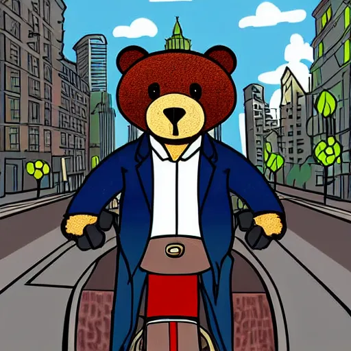 Image similar to digital art of a businessman riding a bear in the city