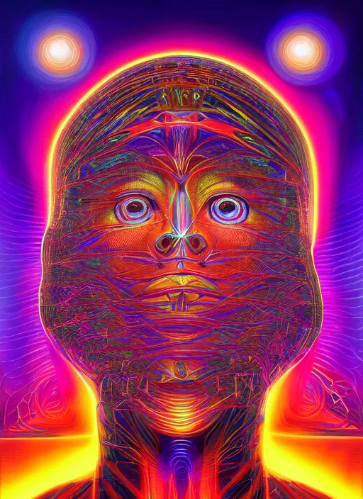 Image similar to humankind transcendence into collaborative intelligence, group intelligence, ai, by alex grey, album cover, award winning, beautiful, colorful, volumetric lighting, trending on artstation