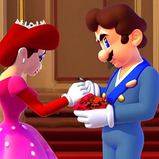 Image similar to “Mario proposing marriage to Princess Peach, he is very nervous and the ring he holds is sparkling”