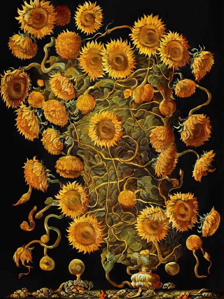 Image similar to dutch golden age bizarre sunflower portrait made from flower floral still life with very detailed nasturtium vines disturbing fractal forms sprouting up everywhere by rachel ruysch black background chiaroscuro dramatic lighting perfect composition high definition 8 k oil painting with black background by christian rex van dali todd schorr of a chiaroscuro portrait recursive masterpiece obscuring features lighting perfect composition