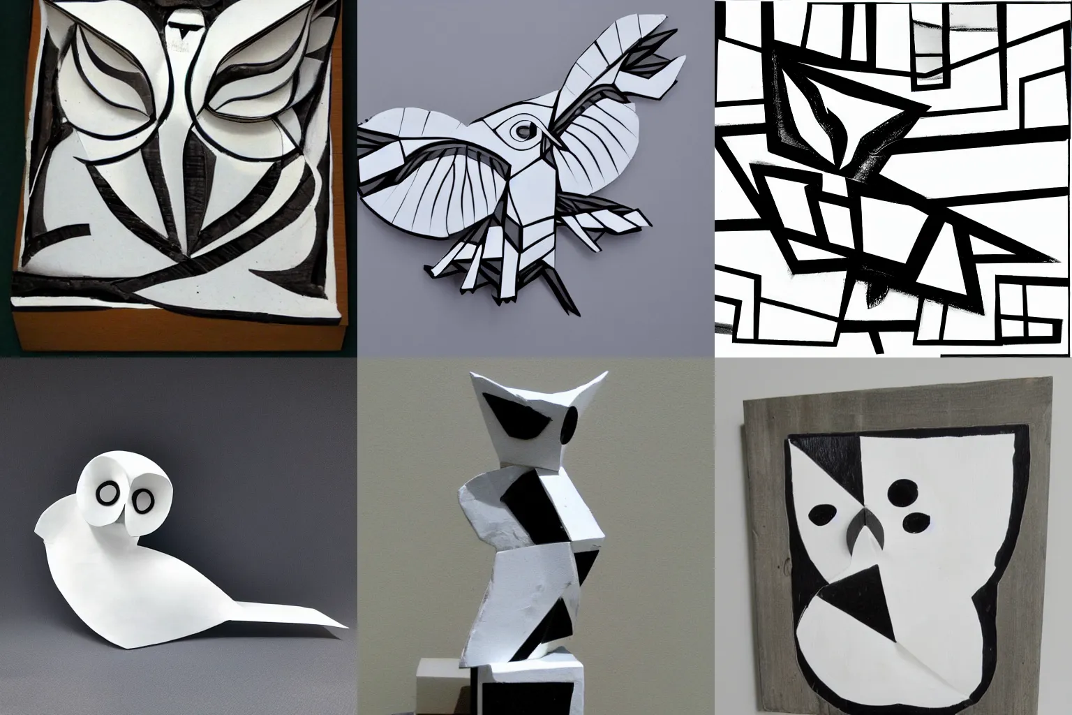 Prompt: cubist sculpture of a flying white owl black on white