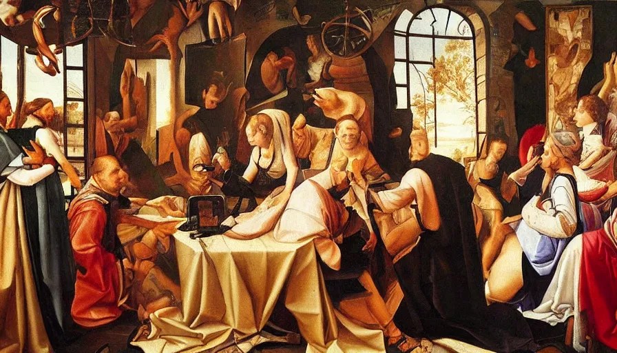 Prompt: people using smartphones, renaissance painting, oil painting, hyperdetailed