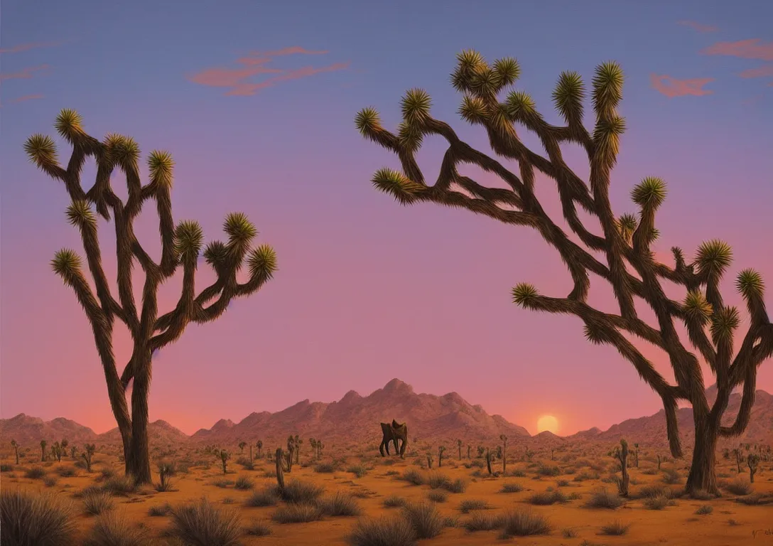 Prompt: “wolf looking for its family in Joshua tree during Sunset by NOAH BRADLEY”