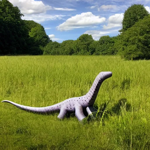 Prompt: a diplodocus lazily walking through a meadow enjoying the summer sun