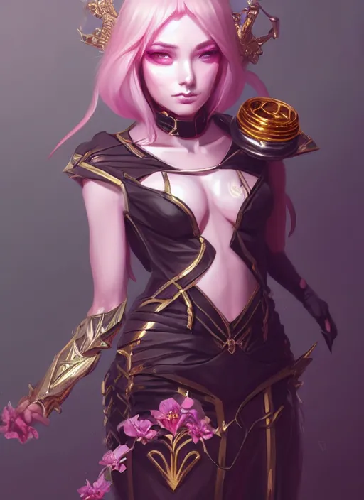 Image similar to beautiful and cool female dark magician, wide angle view, flowers, skulls, black, white, pink, gold colors, shiny, highly detailed, artgerm, cushart krenz, artstation, soft light, sharp focus, illustration, character design, concept art