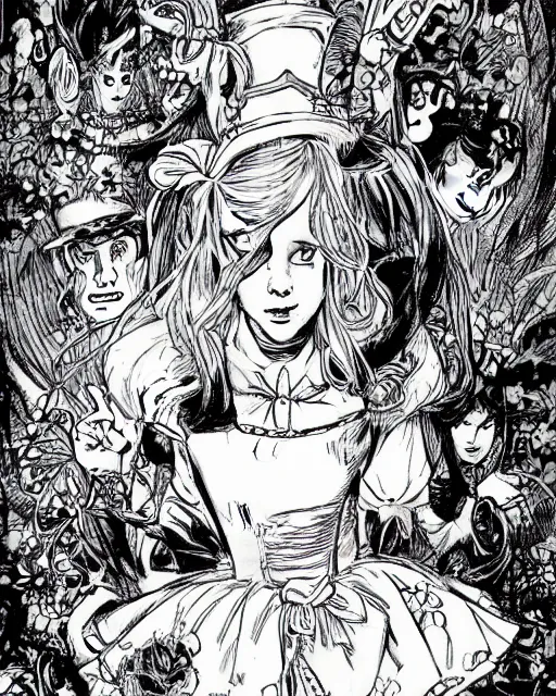 Prompt: Alice in wonderland drawn by Jim lee,