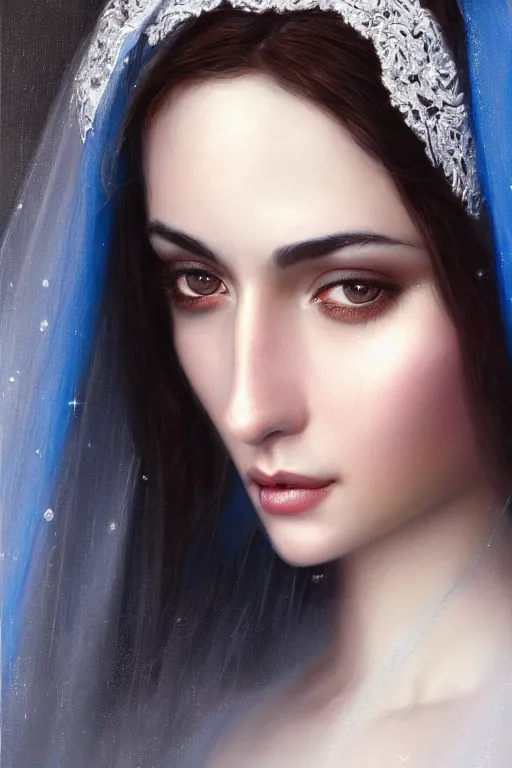 Image similar to ameera al taweel woman , bright blue eyes, wavy black hair, white veil, closeup, cinnamon skin color, elegant, highly detailed, centered, oil painting, artstation, concept art by tom bagshaw