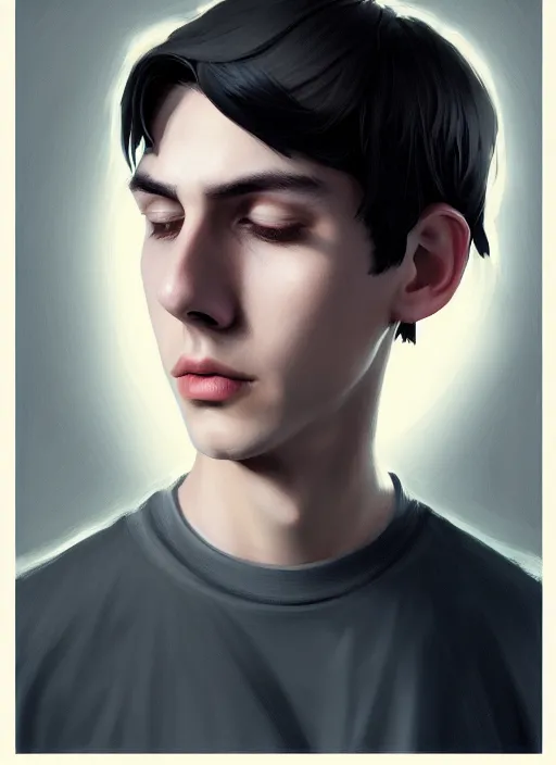 Image similar to portrait of teenage jughead jones wearing a light grey crown, photorealistic, crown, eyes closed, crown, black hair, intricate, elegant, glowing lights, highly detailed, digital painting, artstation, concept art, smooth, sharp focus, illustration, art by wlop, mars ravelo and greg rutkowski