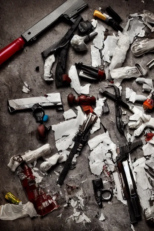 Prompt: , detailed conceptual photography, nobody died last night, weapon, drugs.