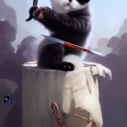 Image similar to drawning of a cute kitten with panda body and cat face, in a kimono, holds a sword, artwork by greg rutkowski, highly detailed, matte painting, digital art, 4 k