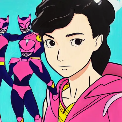 Image similar to a moderne painting of gal gadot as the pink power ranger in the style of makoto shinkai, and in the style of akira toriyama. sharp focus, semi - realism, intricate detail.