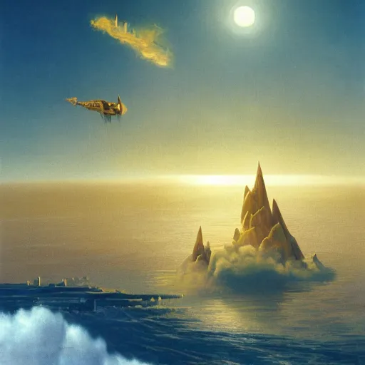 Image similar to beautiful matte painting of golden shores of a blue dreamy ocean, heavenly island in the clouds floating above the ocean, spaceship flying by, towering mountains emerging from the ocean, entrance to a city, sci - fi, daylight, blue sky, cinematic lighting, cinematic perspective, syd mead, john harris, federico pelat