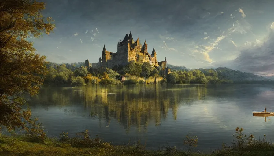 Image similar to portrait of a large lake with a castle surrounded by woodland, highly detailed, sunny, blue sky, cinematic lighting, highly angle, godrays, volumetric, photorealistic, digital art painting by greg rutkowski