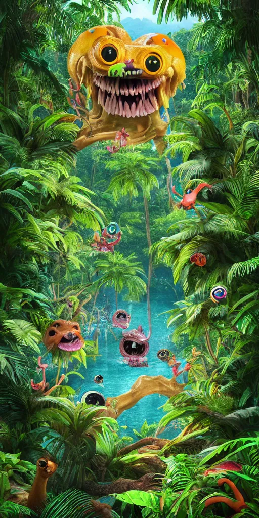 Image similar to of a tropical rainforest lake with strange cute friendly happy creatures with huge eyes, mouth, long tongue, round teeth and goofy face, appearing from the treesl, in the style of gehry and gaudi, macro lens, shallow depth of field, ultra detailed, digital painting, trending artstation, concept art, illustration, cinematic lighting, photorealism, epic, octane render