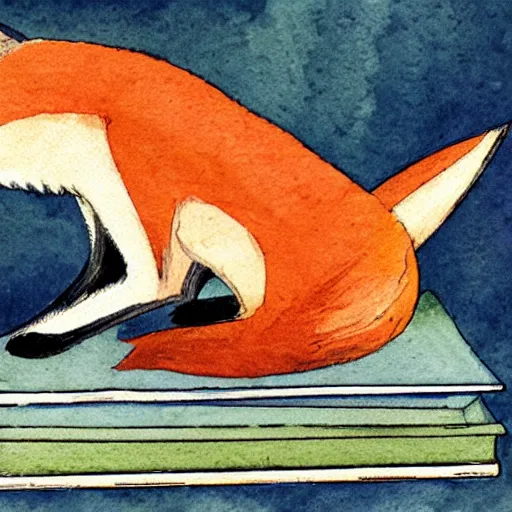 Prompt: a fox sleeping on a pile of books, watercolors from 1 9 2 0