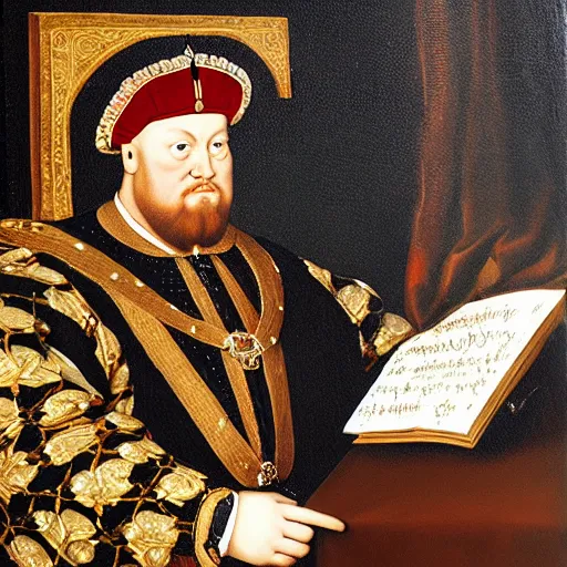 Prompt: king henry viii building a pc computer electronics screen keyboard case, wearing a crown and royal robes, 17th century detailed oil painting with a gilded frame