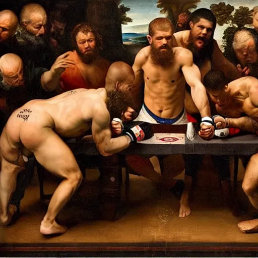 Image similar to renaissance painting of UFC fighters, long table, masvidal, mcgregor, nate diaz, robbie lawler, brock lesnar