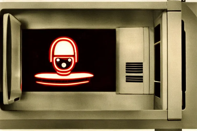 Image similar to retro robot sticking her head inside of a microwave, from 1977, bathed in the glow of a crt television, low-light photograph, in the style of jack bridgeland